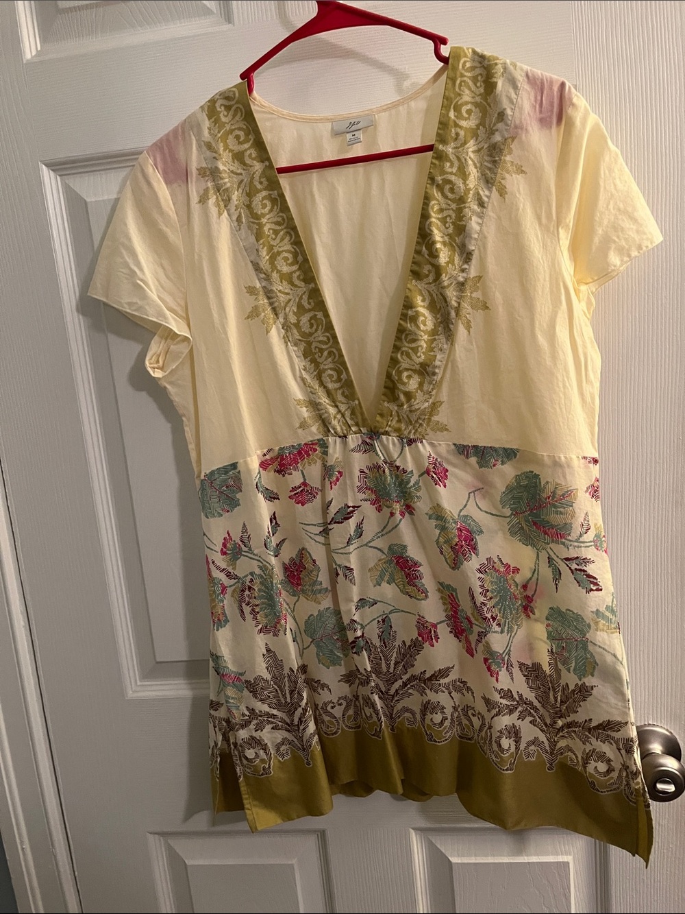 J. Jill Cream and Olive Floral V-Neck Tunic